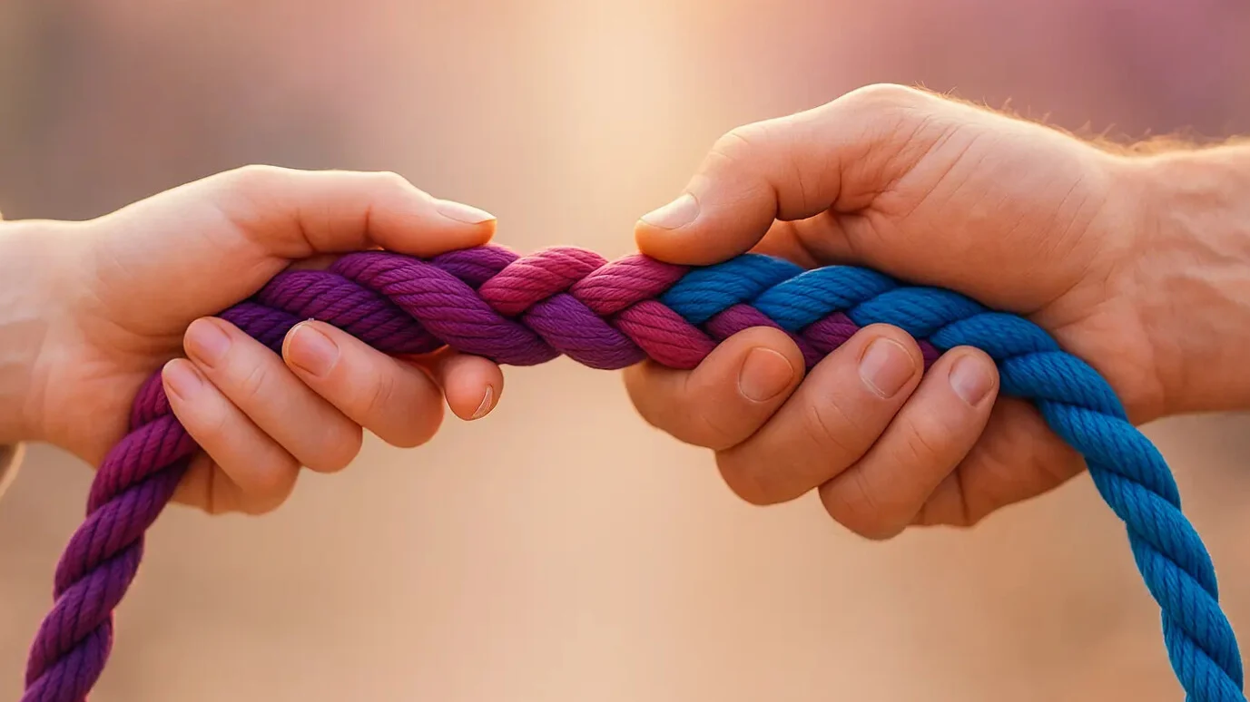 Zwei Hände treffen sich in der Bildmitte und halten eine geflochtene Leine in tiefem Violett (#8A3279), kräftigem Magenta (#C34B9A) und beruhigendem Blau (#1374b8) – Sinnbild für Hoffnung, Verbundenheit und Unterstützung.